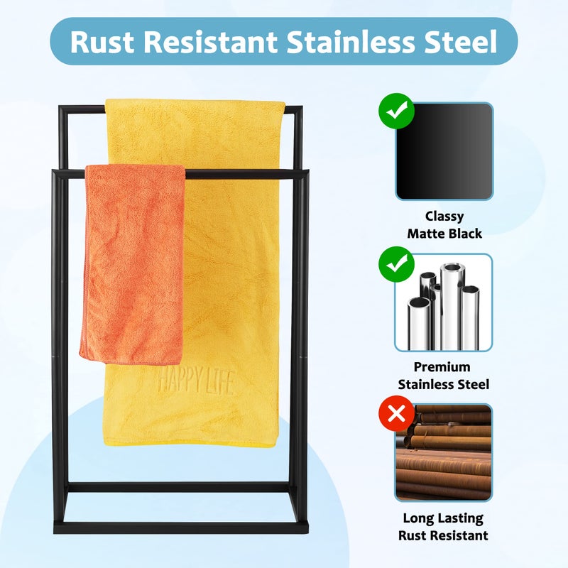 DECLUTTR Free Standing Towel Rack, 2 Tier Towel Racks for Bathroom with Storage Shelves, Modern Outdoor Standing Towel Drying Rack for Poolside, Black Blanket Rack Holder, DECLUTTR - Image 4